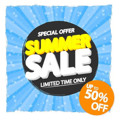 Yaz indirimi% 50 'ye varan indirim, poster tasarımı şablonu, en iyi sezon teklifi. Çevrimiçi dükkan için indirimli pankart, vektör illüstrasyonu.