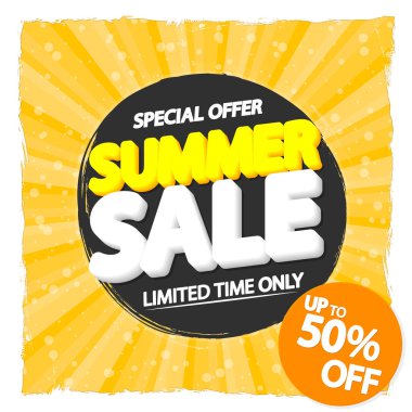Yaz indirimi% 50 'ye varan indirim, poster tasarımı şablonu, en iyi sezon teklifi. Çevrimiçi dükkan için indirimli pankart, vektör illüstrasyonu.