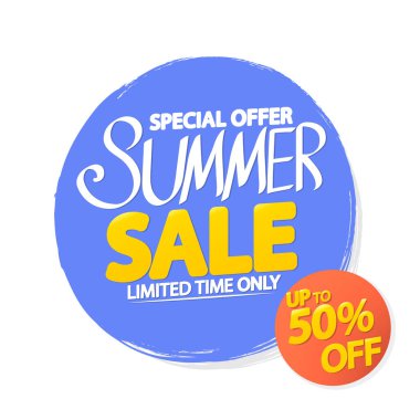 Yaz indirimi% 50 'ye varan indirim, poster tasarımı şablonu, en iyi sezon teklifi. Çevrimiçi dükkan için indirimli pankart, vektör illüstrasyonu.