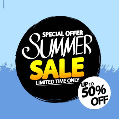 Yaz indirimi% 50 'ye varan indirim, poster tasarımı şablonu, en iyi sezon teklifi. Çevrimiçi dükkan için indirimli pankart, vektör illüstrasyonu.