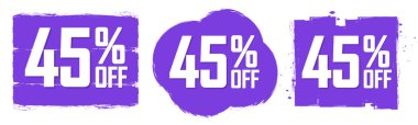 İndirim pankartlarında% 45 indirim, indirim etiketleri tasarım şablonu, tanıtım uygulaması simgeleri, vektör illüstrasyonunu ayarla