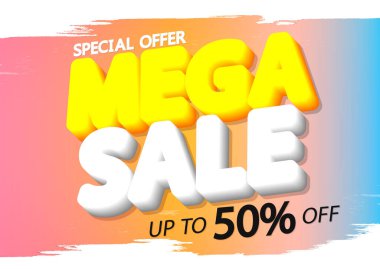 Mega satış% 50 indirimli, indirimli poster tasarımı şablonu. Mağaza veya çevrimiçi mağaza için tanıtım pankartı, vektör illüstrasyonu.