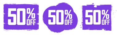 % 50 indirim, indirimli pankartlar tasarım şablonu, tanıtım uygulaması tabelaları, vektör illüstrasyonları