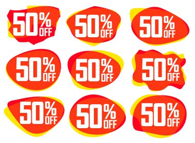 % 50 indirim, indirimli pankartlar tasarım şablonu, tanıtım uygulaması tabelaları, vektör illüstrasyonları