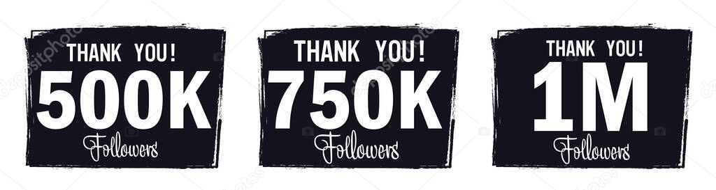 Set of Followers thank you banners design template, graphic icons for social media. Congratulations follower network labels, vector illustration
