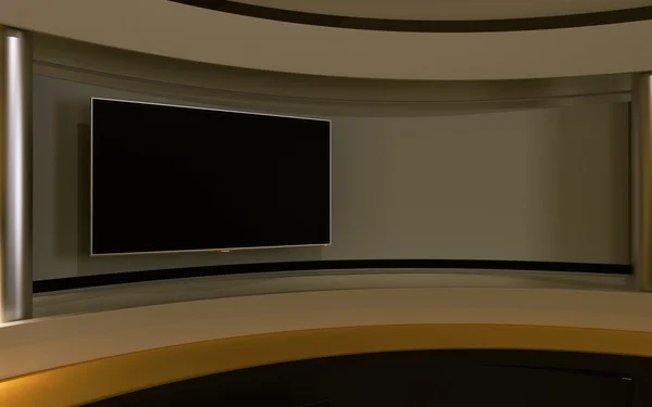 Televizyon stüdyosu. Haber stüdyosu. Herhangi bir yeşil ekran veya renk anahtarı video veya fotoğraf üretimi için mükemmel bir zemin. Stüdyo seti, 3d render. 3d görselleştirme