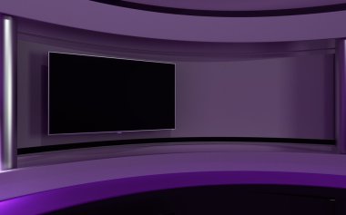 Leylak stüdyosu. Televizyon stüdyosu. Haber stüdyosu. Herhangi bir yeşil ekran veya renk anahtarı video veya fotoğraf üretimi için mükemmel bir zemin. 3d render. 3d görselleştirme
