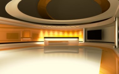 Televizyon stüdyosu. Haber stüdyosu. Sarı stüdyo. Herhangi bir yeşil ekran veya renk anahtarı video veya fotoğraf üretimi için mükemmel bir zemin. 3d render. 3d görselleştirme