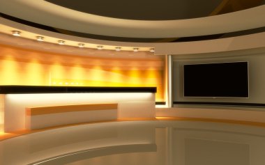 Televizyon stüdyosu. Haber stüdyosu. Sarı stüdyo. Herhangi bir yeşil ekran veya renk anahtarı video veya fotoğraf üretimi için mükemmel bir zemin. 3d render. 3d görselleştirme