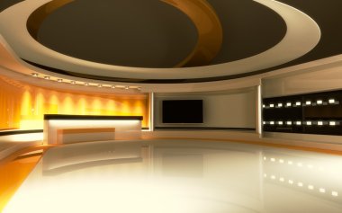 Televizyon stüdyosu. Haber stüdyosu. Sarı stüdyo. Herhangi bir yeşil ekran veya renk anahtarı video veya fotoğraf üretimi için mükemmel bir zemin. 3d render. 3d görselleştirme