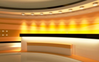 Televizyon stüdyosu. Haber stüdyosu. Sarı stüdyo. Herhangi bir yeşil ekran veya renk anahtarı video veya fotoğraf üretimi için mükemmel bir zemin. 3d render. 3d görselleştirme