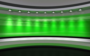 Televizyon stüdyosu. Haber stüdyosu. Yeşil Stüdyo. Herhangi bir yeşil ekran veya renk anahtarı video veya fotoğraf üretimi için mükemmel bir zemin. 3d render. 3d görselleştirme