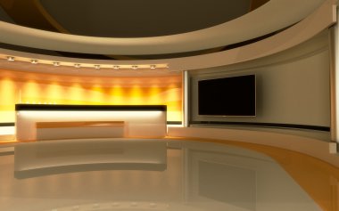 Televizyon stüdyosu. Haber stüdyosu. Sarı stüdyo. Herhangi bir yeşil ekran veya renk anahtarı video veya fotoğraf üretimi için mükemmel bir zemin. 3d render. 3d görselleştirme