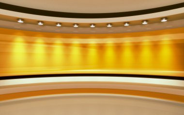 Televizyon stüdyosu. Haber stüdyosu. Sarı stüdyo. Herhangi bir yeşil ekran veya renk anahtarı video veya fotoğraf üretimi için mükemmel bir zemin. 3d render. 3d görselleştirme