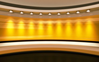 Televizyon stüdyosu. Haber stüdyosu. Sarı stüdyo. Herhangi bir yeşil ekran veya renk anahtarı video veya fotoğraf üretimi için mükemmel bir zemin. 3d render. 3d görselleştirme