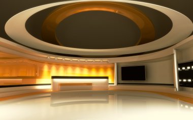 Televizyon stüdyosu. Haber stüdyosu. Sarı stüdyo. Herhangi bir yeşil ekran veya renk anahtarı video veya fotoğraf üretimi için mükemmel bir zemin. 3d render. 3d görselleştirme