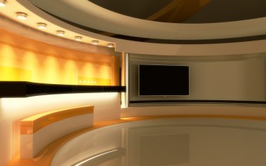 Televizyon stüdyosu. Haber stüdyosu. Sarı stüdyo. Herhangi bir yeşil ekran veya renk anahtarı video veya fotoğraf üretimi için mükemmel bir zemin. 3d render. 3d görselleştirme