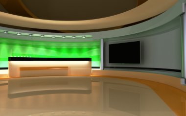 TV stüdyo. News stüdyo. Yeşil ekran veya chroma anahtar video veya fotoğraf üretimleri için mükemmel bir zemin. 3D render. 3D görüntüleme