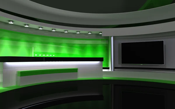 Fernsehstudio. Nachrichtenstudio. grünes Atelier. die perfekte Kulisse für jede Green Screen- oder Chroma-Keyvideo- oder Fotoproduktion. 3D-Darstellung. 3D-Visualisierung — Stockfoto