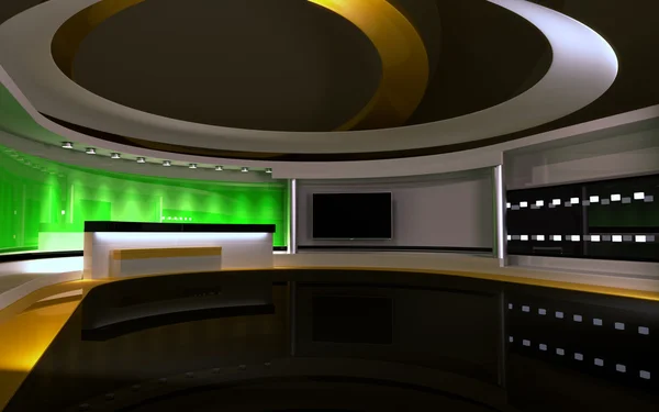 TV-Studio. Nyheter studio. En perfekt bakgrund för grön skärm eller chroma key video eller foto produktion. 3D render. 3D-visualisering — Stockfoto