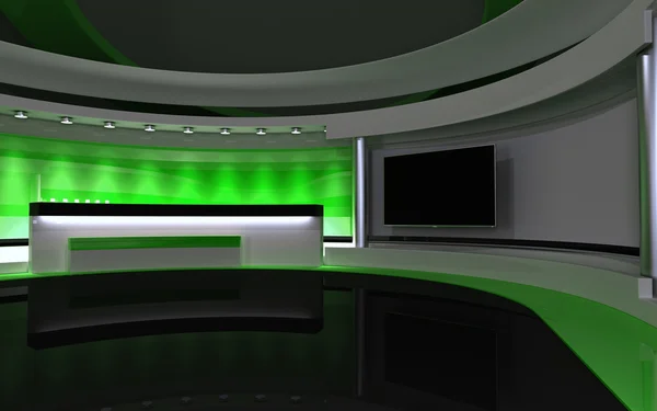 演播室。新闻工作室绿色工作室。任何绿屏或色度关键视频或照片制作的完美背景。3d 渲染。3d 可视化 — 图库照片