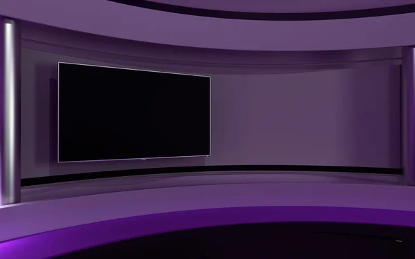 Estúdio Lilac. Estúdio de TV. Estúdio. O pano de fundo perfeito para qualquer tela verde ou croma produção de vídeo ou foto chave. Renderização 3d. Visualização 3d — Fotografia de Stock