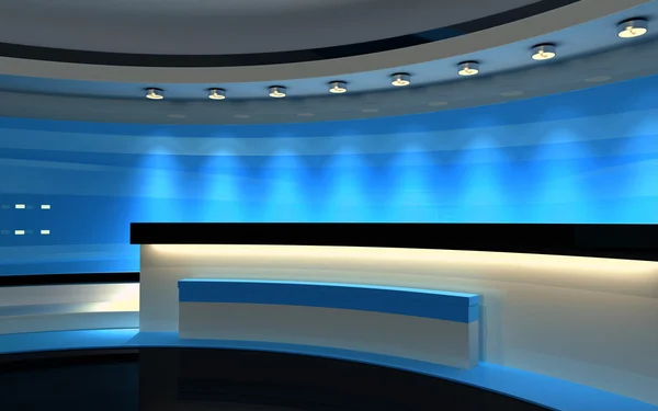 Mavi Studio. TV stüdyo. News stüdyo. Yeşil ekran veya chroma anahtar video veya fotoğraf üretimleri için mükemmel bir zemin. 3D render. 3D görüntüleme