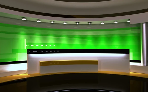 TV stüdyo. News stüdyo. Yeşil ekran veya chroma anahtar video veya fotoğraf üretimleri için mükemmel bir zemin. 3D render. 3D görüntüleme — Stok fotoğraf