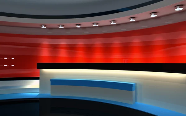 Estudio de TV. Estudio de noticias. El telón de fondo perfecto para cualquier pantalla verde o croma clave de vídeo o producción de fotos. 3D render. Visualización 3d —  Fotos de Stock