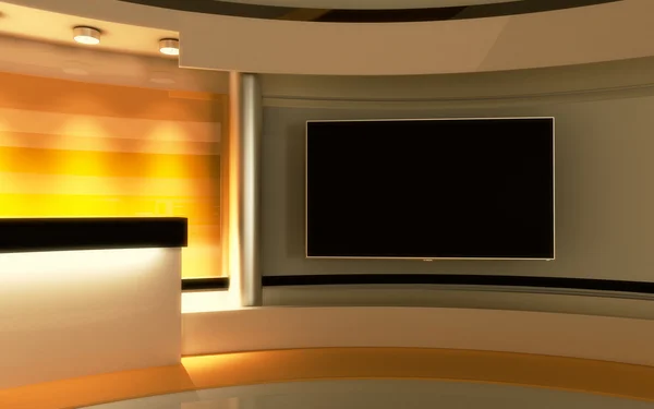 Televizyon stüdyosu. Haber stüdyosu. Sarı stüdyo. Herhangi bir yeşil ekran veya renk anahtarı video veya fotoğraf üretimi için mükemmel bir zemin. 3d render. 3d görselleştirme