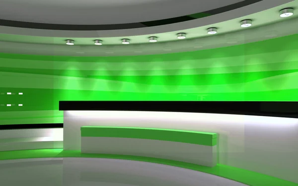 Estúdio de TV. Estúdio. Estúdio Verde. O pano de fundo perfeito para qualquer tela verde ou croma produção de vídeo ou foto chave. Renderização 3d. Visualização 3d — Fotografia de Stock