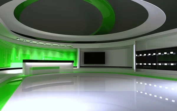 Студия телевидения. Студия новостей. Зеленая студия. Идеальный фон для любого зеленого экрана или хрома ключевых видео или фотопродукции. 3d render. Трехмерная визуализация — стоковое фото