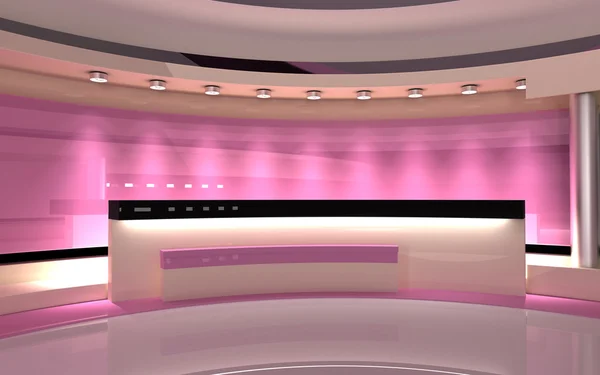 Estudio rosa, estudio de televisión. Estudio de noticias. El telón de fondo perfecto para cualquier pantalla verde o croma clave de vídeo o producción de fotos. 3D render. Visualización 3d —  Fotos de Stock