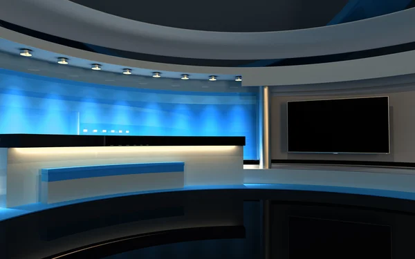 Blaues Studio. Fernsehstudio. Nachrichtenstudio. die perfekte Kulisse für jede Green Screen- oder Chroma-Keyvideo- oder Fotoproduktion. 3D-Darstellung. 3D-Visualisierung — Stockfoto