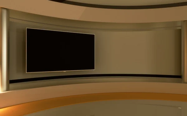 Televizyon stüdyosu. Haber stüdyosu. Sarı stüdyo. Herhangi bir yeşil ekran veya renk anahtarı video veya fotoğraf üretimi için mükemmel bir zemin. 3d render. 3d görselleştirme