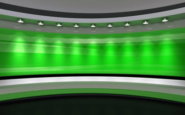 テレビスタジオ。ニューススタジオ。グリーンスタジオ任意のグリーンスクリーンやクロマキービデオや写真制作のための完璧な背景。3D レンダリング。3Dビジュアライゼーション — ストック写真