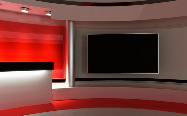 Kırmızı stüdyo. TV stüdyo. News stüdyo. Yeşil ekran veya chroma anahtar video veya fotoğraf üretimleri için mükemmel bir zemin. 3D render. 3D görüntüleme