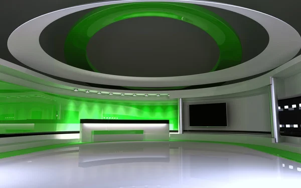TV-stúdió. Hírstúdió. Green stúdióban. A tökéletes hátteret minden zöld képernyő vagy chroma key video-vagy fotógyártási. 3D-s renderelés. 3D vizualizáció — Stock Fotó