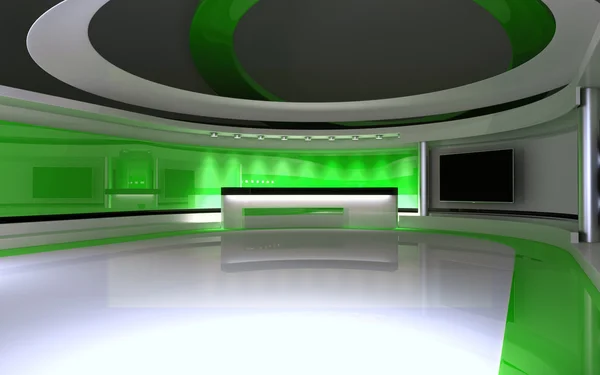 Televizyon stüdyosu. Haber stüdyosu. Yeşil Stüdyo. Herhangi bir yeşil ekran veya renk anahtarı video veya fotoğraf üretimi için mükemmel bir zemin. 3d render. 3d görselleştirme — Stok fotoğraf