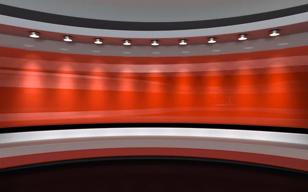 赤のスタジオ。テレビ スタジオ。ニュース スタジオ。すべて緑画面またはクロマ キーのビデオや写真の生産に最適な背景。3 d のレンダリング。3次元可視化 — ストック写真