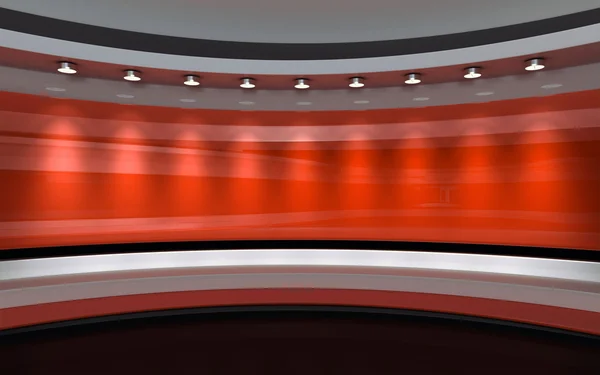 Kırmızı stüdyo. TV stüdyo. News stüdyo. Yeşil ekran veya chroma anahtar video veya fotoğraf üretimleri için mükemmel bir zemin. 3D render. 3D görüntüleme