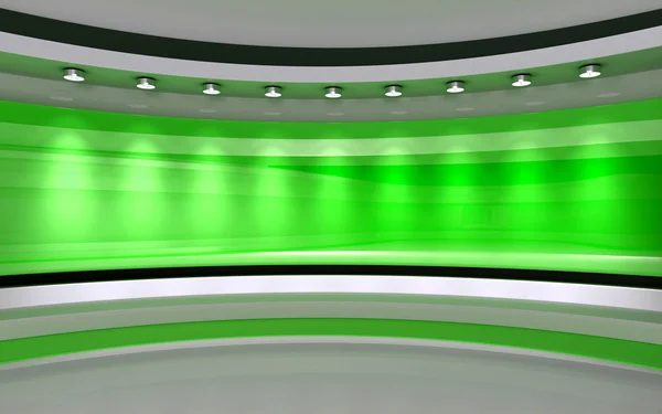 TV Studio. Studio prasowe. Zielone Studio. Idealne tło dla każdego zielonego ekranu lub Chroma klucz wideo lub produkcji zdjęć. Renderowanie 3D. Wizualizacja 3D — Zdjęcie stockowe