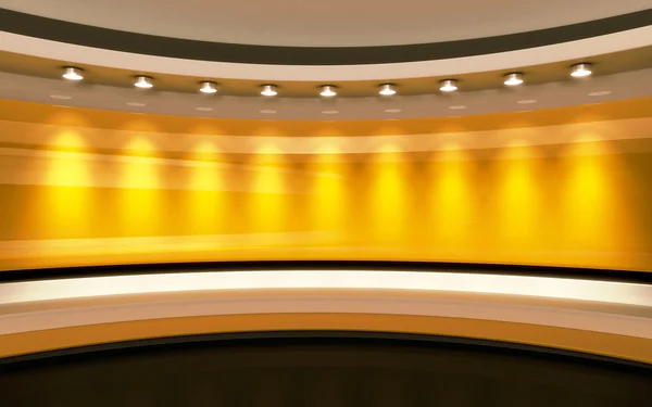 Televizyon stüdyosu. Haber stüdyosu. Sarı stüdyo. Herhangi bir yeşil ekran veya renk anahtarı video veya fotoğraf üretimi için mükemmel bir zemin. 3d render. 3d görselleştirme