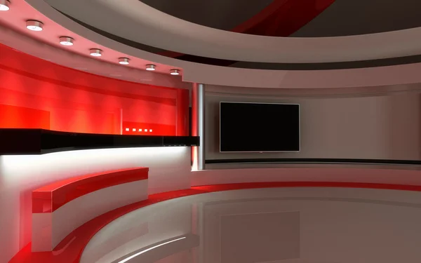 Estudio de TV. Estudio de noticias. Estudio rojo. El telón de fondo perfecto para cualquier pantalla verde o croma clave de vídeo o producción de fotos. 3D render. Visualización 3d —  Fotos de Stock