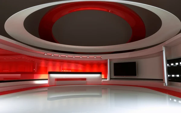 Fernsehstudio. Nachrichtenstudio. red studio. die perfekte Kulisse für jede Green Screen- oder Chroma-Keyvideo- oder Fotoproduktion. 3D-Darstellung. 3D-Visualisierung — Stockfoto