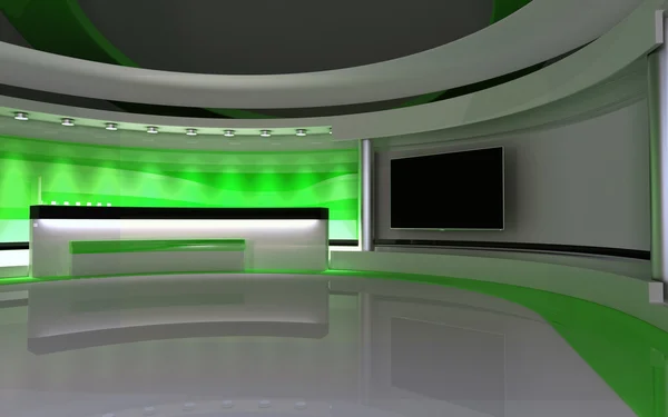 Tv Studio. News studio. Green Studio. The perfect backdrop for any green screen or chroma key video or photo production. 3d render. 3d visualisation — Stock Photo, Image