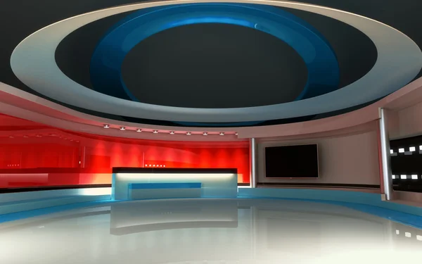 Estudio de TV. Estudio de noticias. El telón de fondo perfecto para cualquier pantalla verde o croma clave de vídeo o producción de fotos. 3D render. Visualización 3d — Foto de Stock