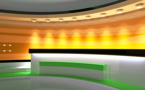 テレビ スタジオ。ニュース スタジオ。すべて緑画面またはクロマ キーのビデオや写真の生産に最適な背景。3 d のレンダリング。3次元可視化 — ストック写真