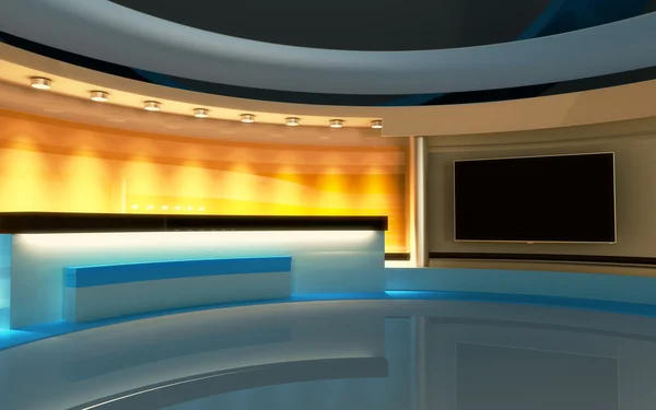 Estudio de TV. Estudio de noticias. El telón de fondo perfecto para cualquier pantalla verde o croma clave de vídeo o producción de fotos. 3D render. Visualización 3d —  Fotos de Stock