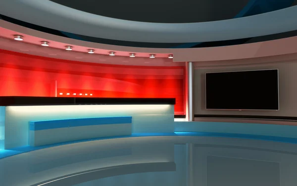 Estudio de TV. Estudio de noticias. El telón de fondo perfecto para cualquier pantalla verde o croma clave de vídeo o producción de fotos. 3D render. Visualización 3d —  Fotos de Stock